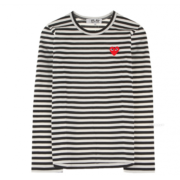 [꼼데가르송] AZ-T163-051-1 검흰 스트라이프 레드와펜 블랙 여성 긴팔티셔츠